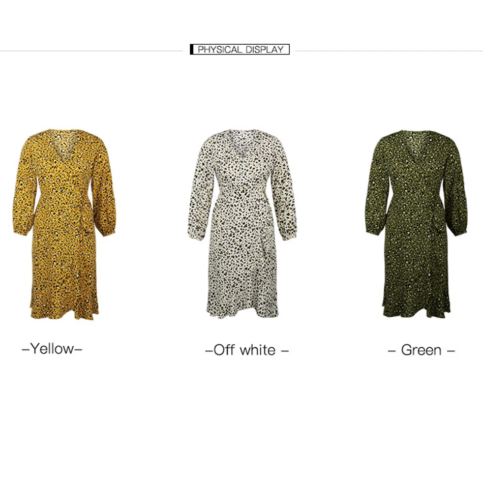 

Plus Size Leopard Dress 2021 Women New Fashion Print V-Neck Long Sleeve Bow Tie Adjustable Waist Elegant Sexy Dresses
