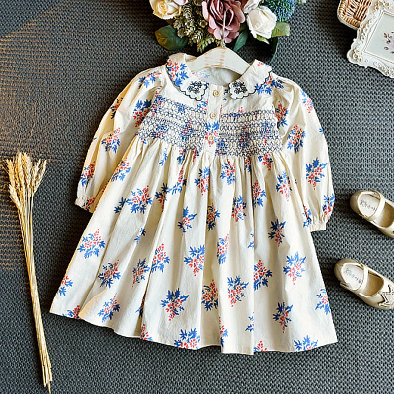 

Girls Fashion Clothes Girl New Korean Style Spring Autumn Western Style Lapel Maple Leaf Floral Dress 3-7 Years Kids Clothing