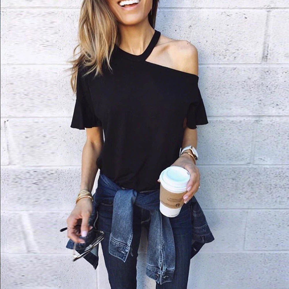 Сексуальная Женская футболка с одним плечом однотонные свободные летние