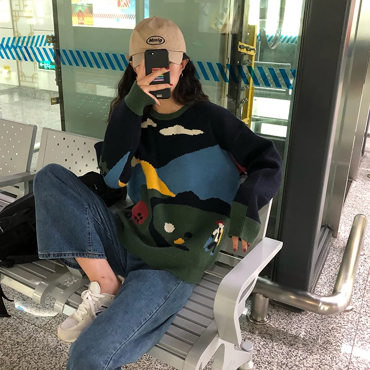 

2019 autumn and winter korean chic style color patchwork loose warm sweater womens knitted pullover womens (F1405)