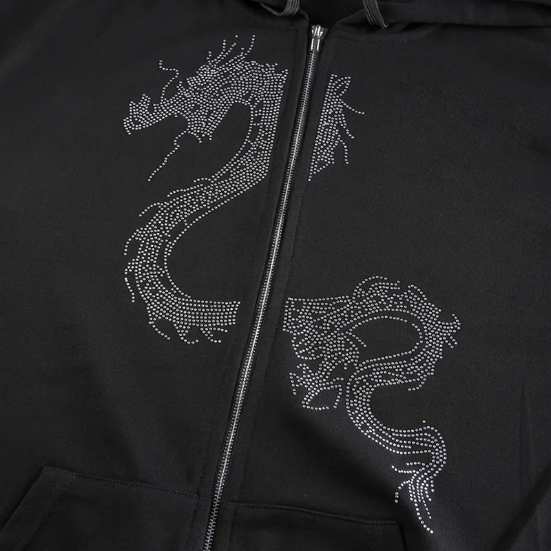 

2021 Y2K Autumn Long Sleeve Hoodies Women Dragon Diamond Zip Up Sweatshirt Winter Hood Pullovers Harajuku Streetwear Zip-up