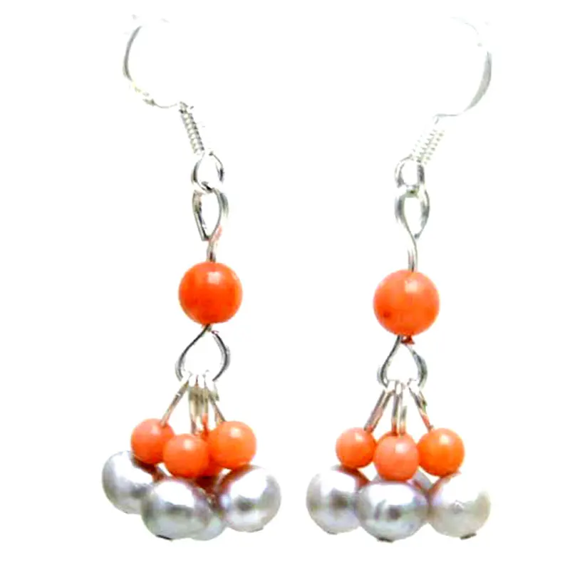 

Qingmos Fashion 5-6mm Gray Round Natural Pearl Earrings for Women with 3-5mm Pink Coral Dangle Earring 1.5'' Jewelry ear518