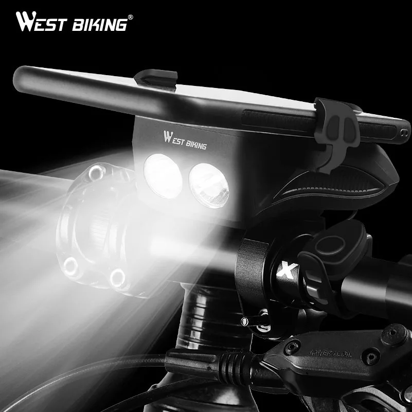 WEST BIKING 4 в 1 велосипедный светильник вспышки светильник велосипед Рог сигнализации колокол держатель телефона Мощность банка для велосипеда, аксессуары для езды на велосипеде, спереди светильник