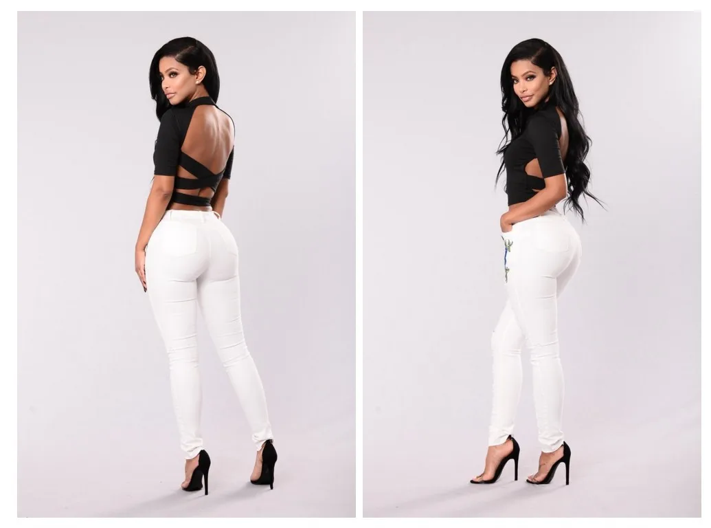 

Black White Hand Frayed Embroidered Women's Jeans Stretch Hole Pencil Pants Slim Spring Autumn Women's Trousers