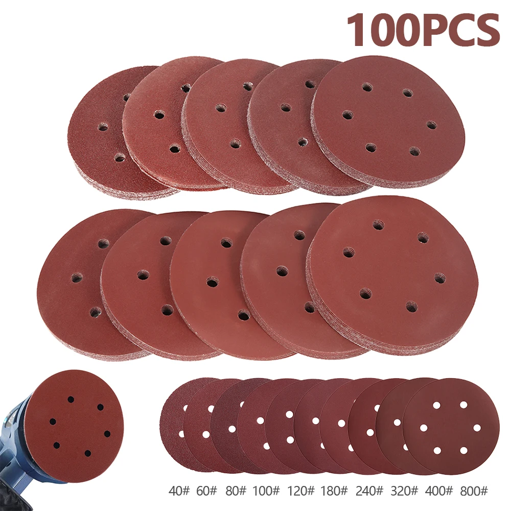 

100pcs Flocked Sandpaper Grinding Machine Six Hole Disk Sand Sheet Grit 40-800 Hook and Loop Sanding Disc Polish Sand Paper Tool