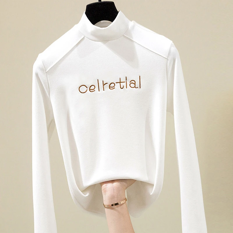 

Spring Autumn Bottoming Shirt Women Half-high Collar Warm Top Letter Embroidery Long Sleeve Lady Casual Tees Tops Female