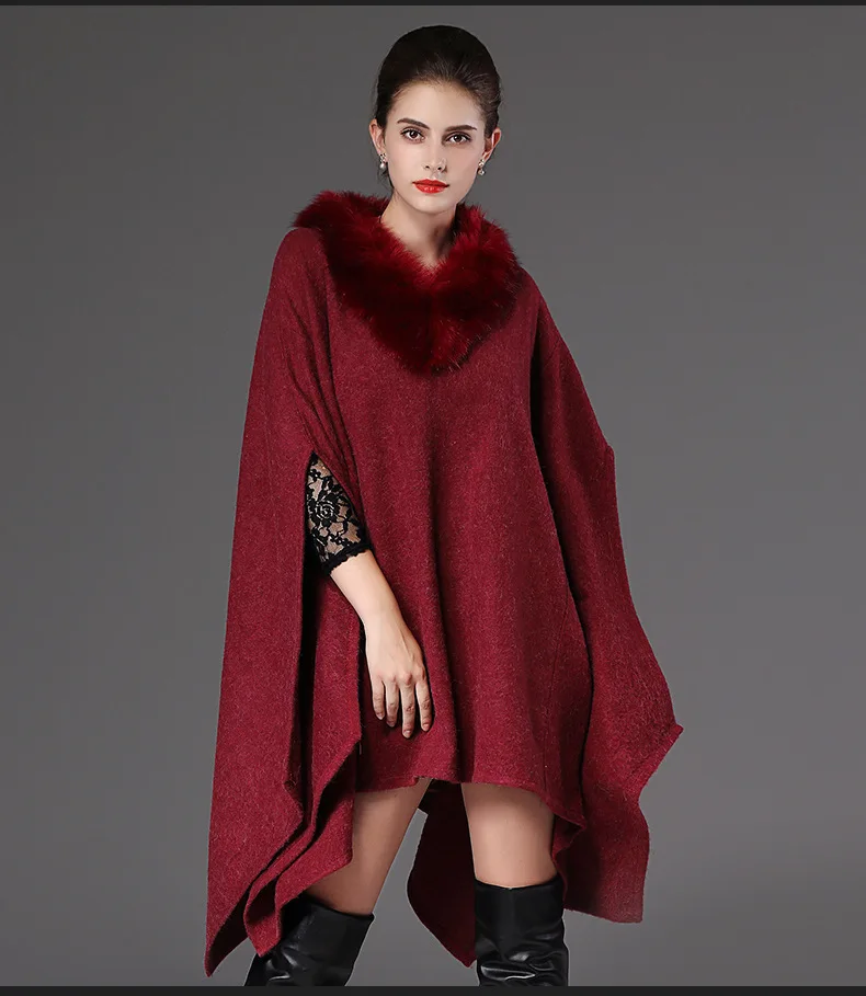 

New 2019 Autumn Winter Knitted Cloak Sweaters Women Europe Designer Loose Faux Fox Collar Pullover Long Sexy Split Ruffle Jumper