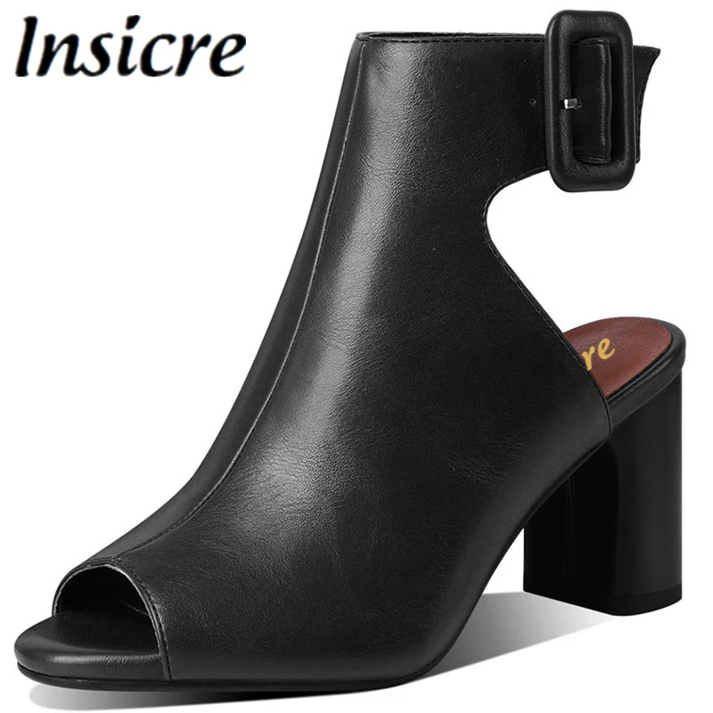 

Insicre Fashion Women Square High Heels Black Gladiator Ankle Boots Summer Buckle Strap Peep Toe PU Leather Daily Life Shoes