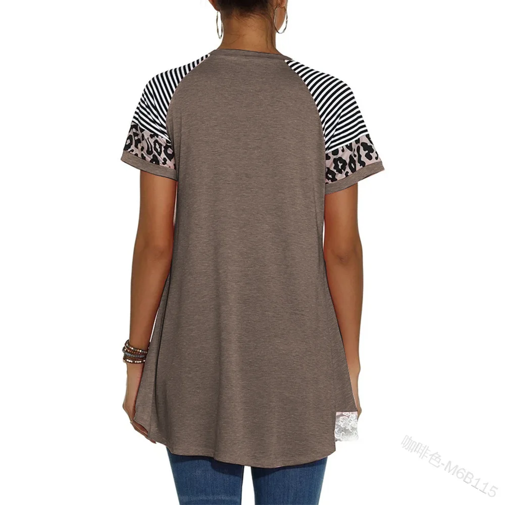 

Mandylandy T-shirt Summer Short Sleeve O-Neck Irregular Long T-shirt Women's Casual Striped Leopard Print Lace Stitching T-shirt