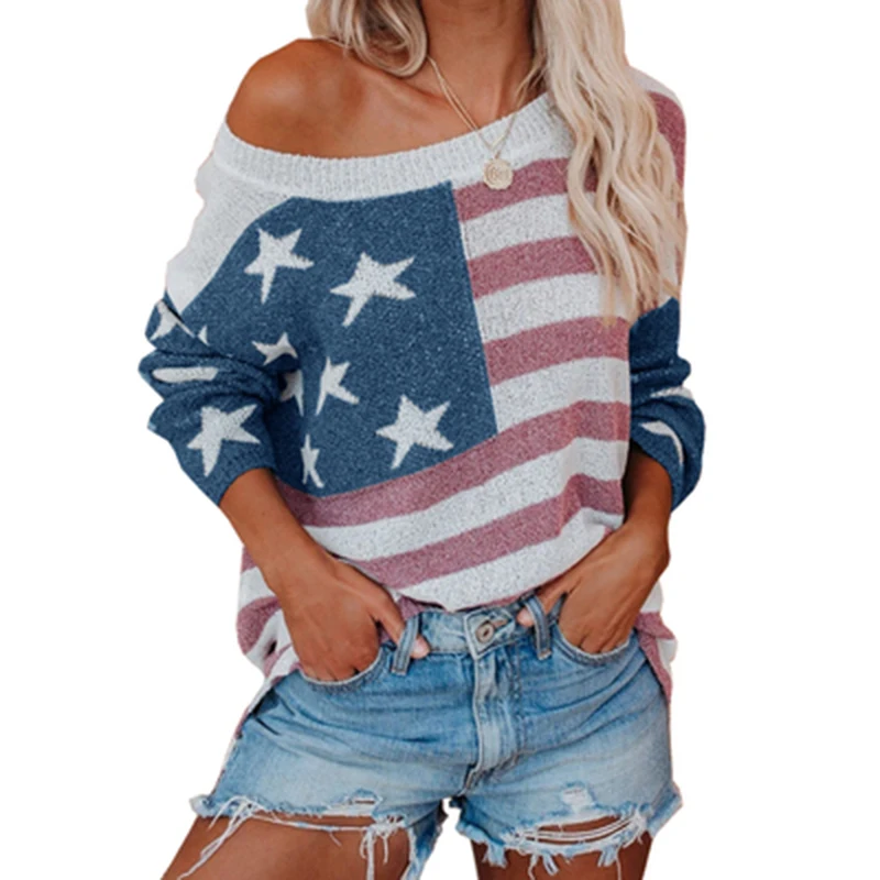 Sexy Off The Shoulder Contrast Color Flag Pattern Sweaters Fall 2020 Winter Long Sleeve Oversized Knitted Pullovers Jumpers | Женская