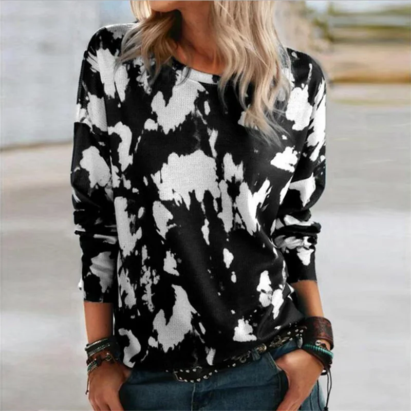 

Spring and Autumn Women T-Shirt Fashion Tie-dye Print Round Neck Long Sleeve Blouse Loose Oversized Hoodie T-shirt Top