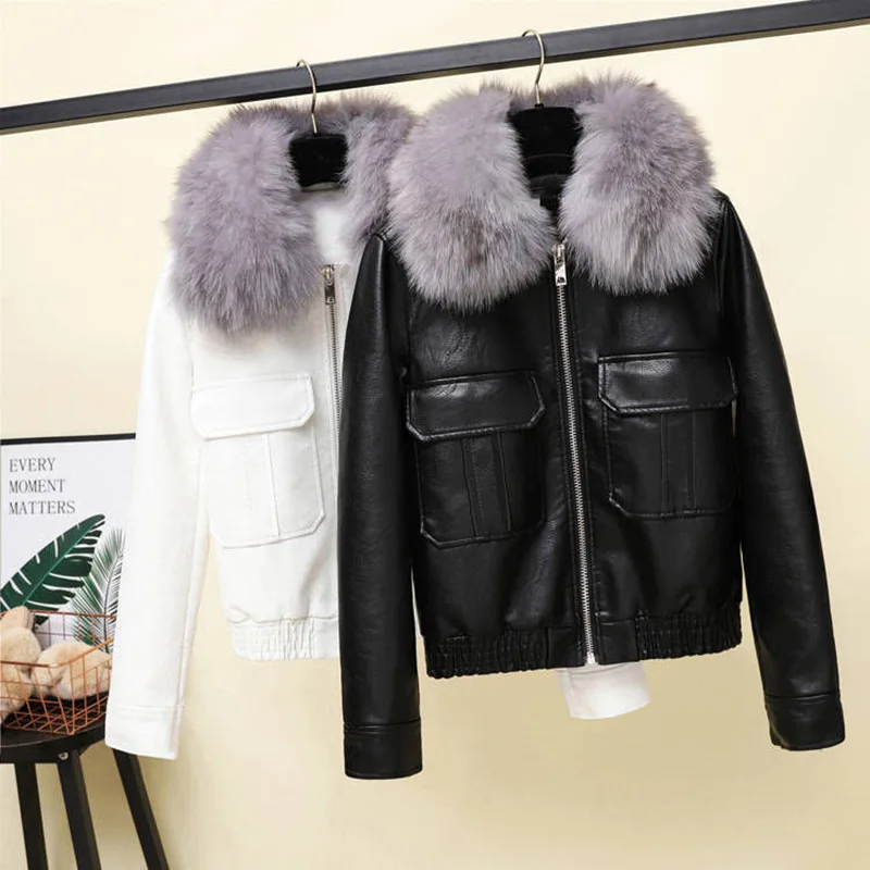 Куртка женская зимняя из искусственной кожи с меховым воротником A80308 | Женская