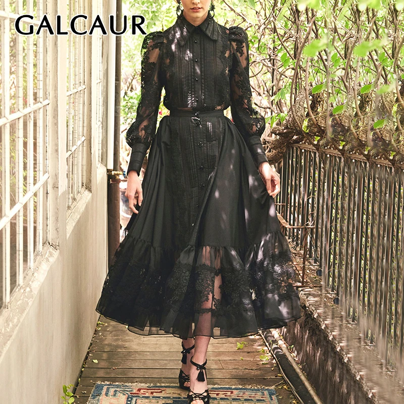 Женский кружевной костюм с вышивкой GALCAUR блузка длинным рукавом и юбка оборками