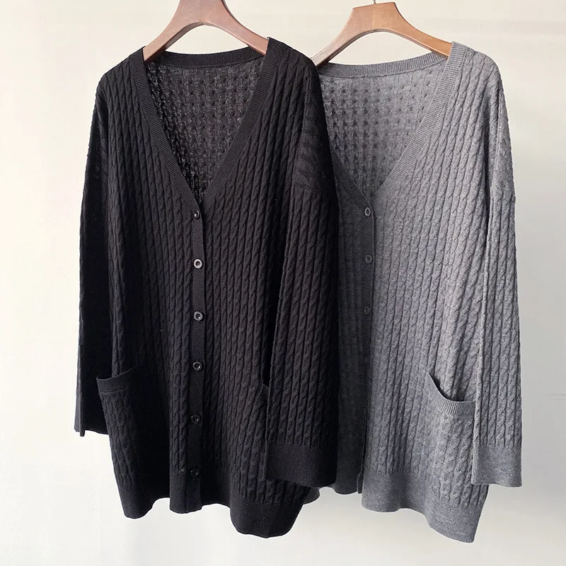 

Women Jacket Lazy V-neck Twist Sweater Mid-length Loose Cardigan Thin Wool Jacket