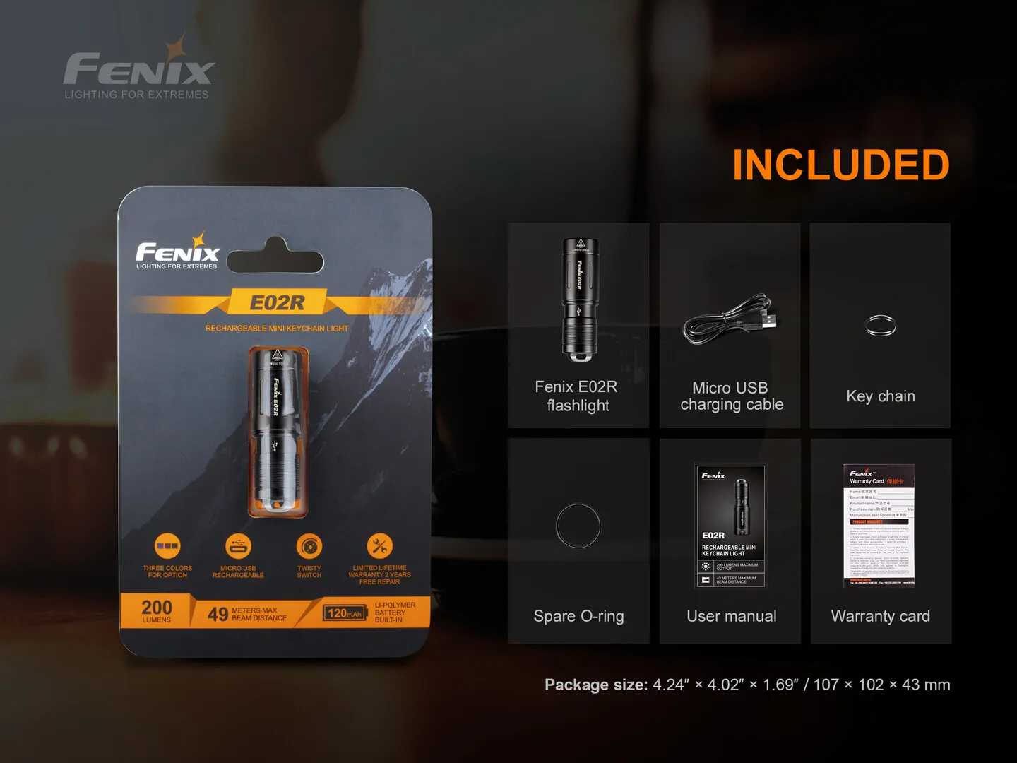 

Fenix E02R USB rechargeable keychain flashlight built-in rechargeable Li-polymer battery