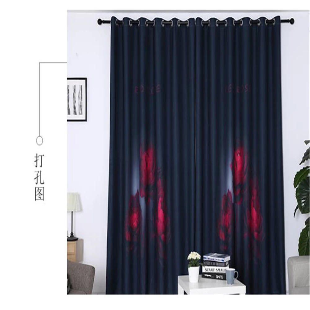 black curtains red rose curtain New simple and modern bedroom living room finished shading |