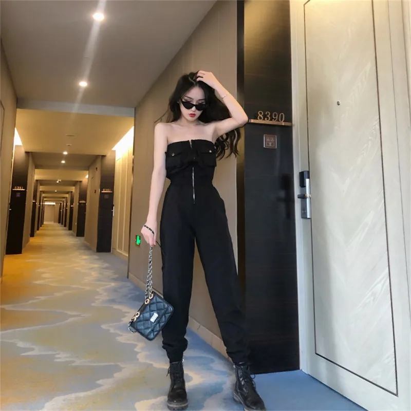 

Women's High Waist Chest-wrapped Jumpsuit Zipper Front Sexy PlaysuitSlash Neck Strapless Rompers Summer Fashion Black Bodysuit