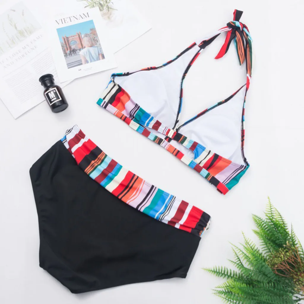 Бикини с высокой талией радужная полоса искусственная кожа купальник