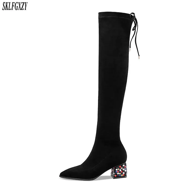 

Women Winter Boots 2019 Keep Warm Shoe Pointed-Toe Elastic Socks Over Tthe High heels Knee Martin Boot botte femme size34-43