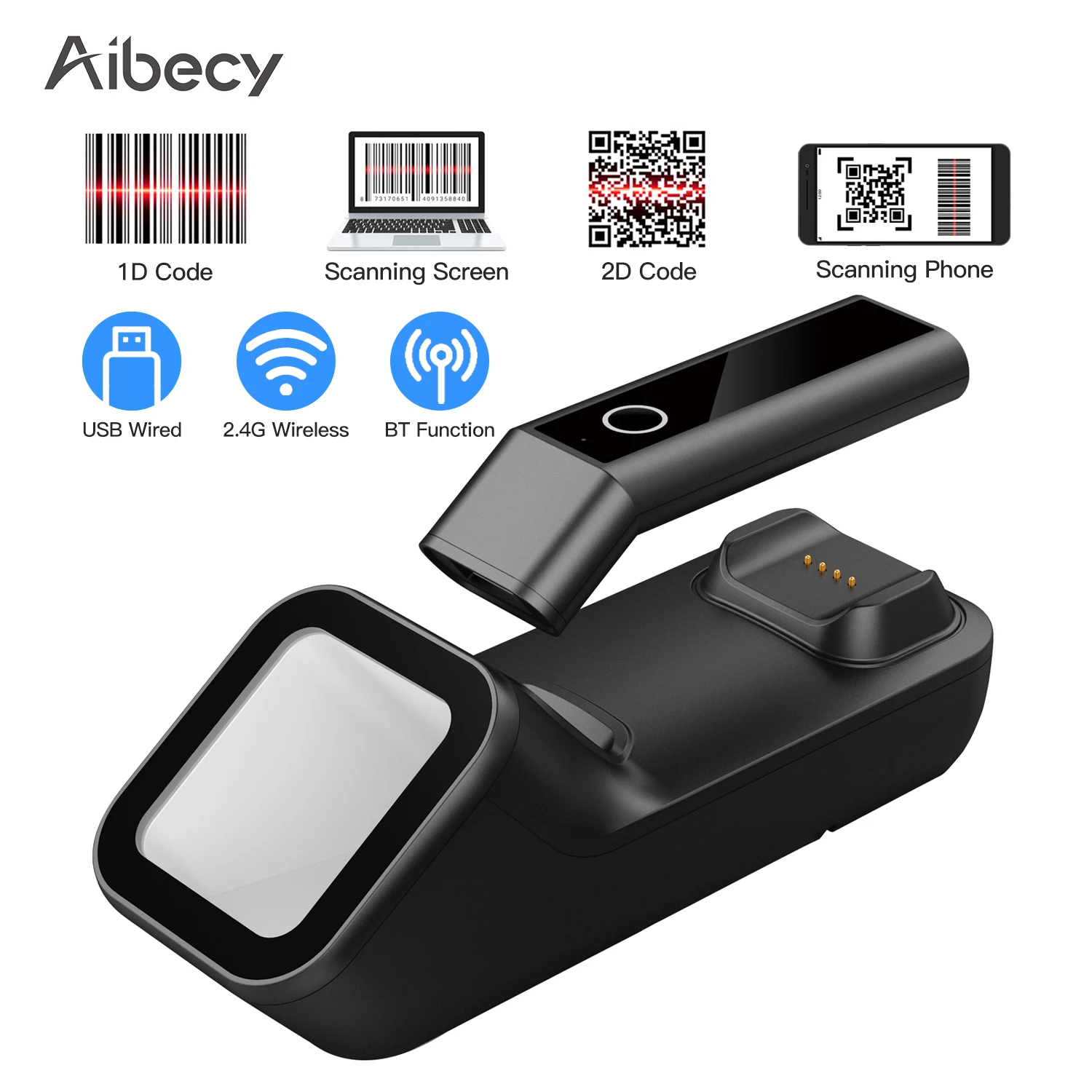 сканер штрих кодов Aibecy 3 в 1 кода ручной 1D/2D/QR BT & 2 4G Беспроводной USB Проводное