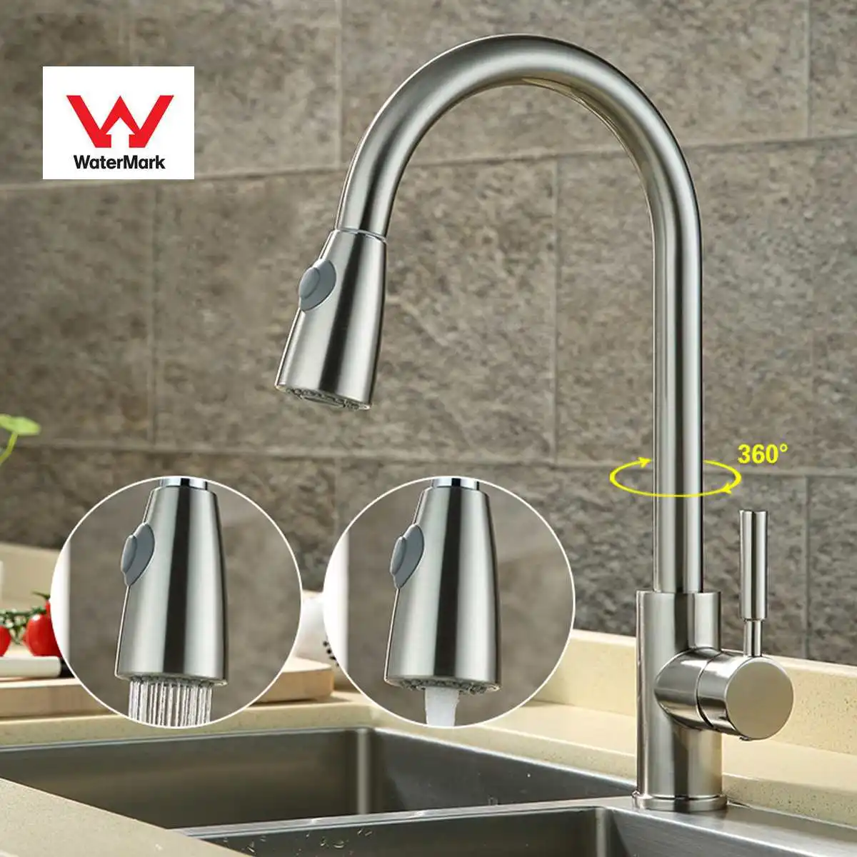 

Смеситель из нержавеющей стали с матовым никелевым покрытием, кухонный кран с одним отверстием и выдвижным носиком для раковины, струйный р...