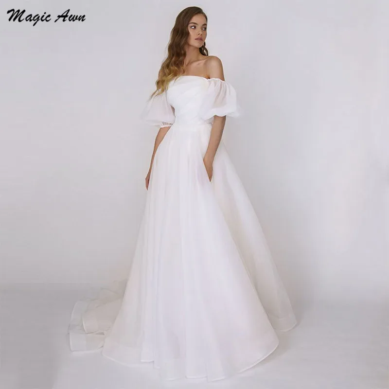 

Magic Awn Off The Shoulder Organza Wedding Dresses Short Sleeves Boho Princess Bridal Gowns A-Line Simple Beach Vestidos Novia