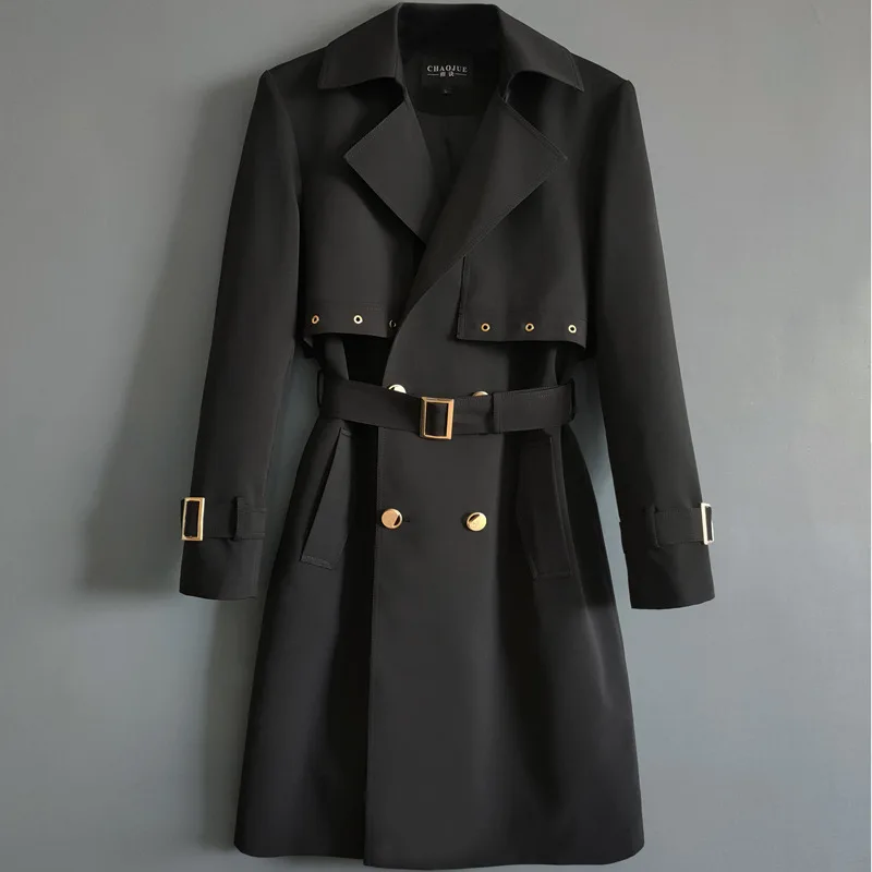 

Fashion medium and long windbreaker men's 2021 spring and autumn new double row button long sleeve coat large 1209