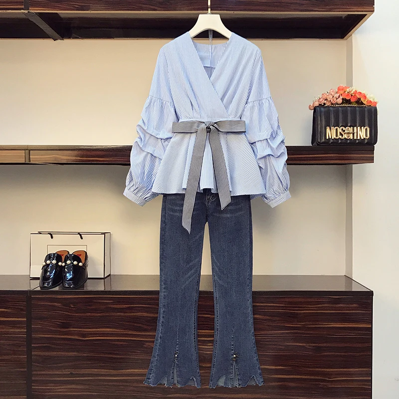 Женский костюм в стиле High Street размера плюс 4XL элегантная рубашка полоску и