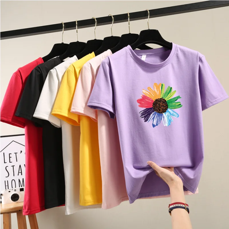 Фото Летние популярные футболки с цветами женская элегантная футболка круглым