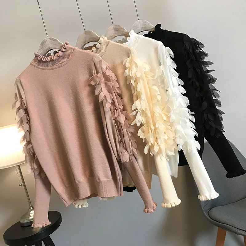 

Autumn Women Sweater Outside Appliques Full Sleeves Loose O-neck Knitted Pullovers Knitwear Ladies Causal Knitted Outwear