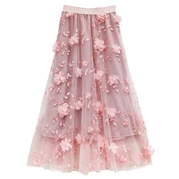 luxury woman skirts 2022 korean style fashion elastic waist appliques embroidery floral mesh skirt long gauze ball gown skirt