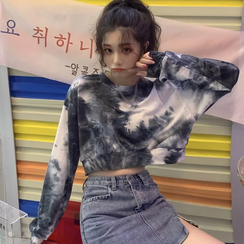 

Design Sense Niche Tie-dye Round Neck Loose And Thin Short Ladies Long-sleeved Sweater