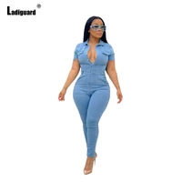 ladiguard 2021 european style fashion jeans demin jumpsuits short sleeve women notched denim trouser sexy lepal collar overalls