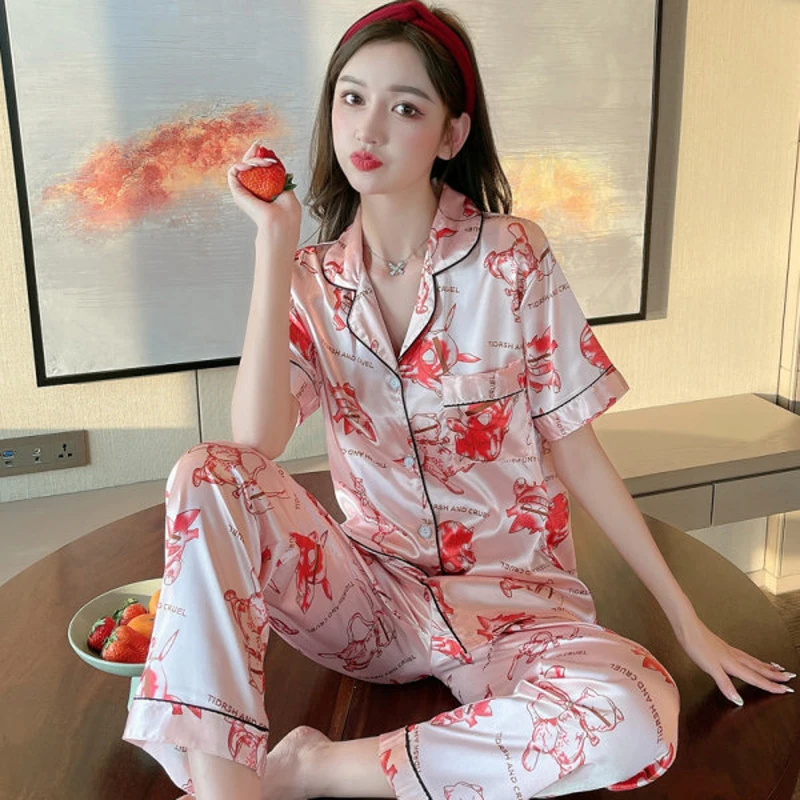 

New 2021 Women Pajamas Set Female Loose Pyjama Silk Satin Cartoon Print Short Sleeve Trousers Sleepwear Soft Homewear Suit