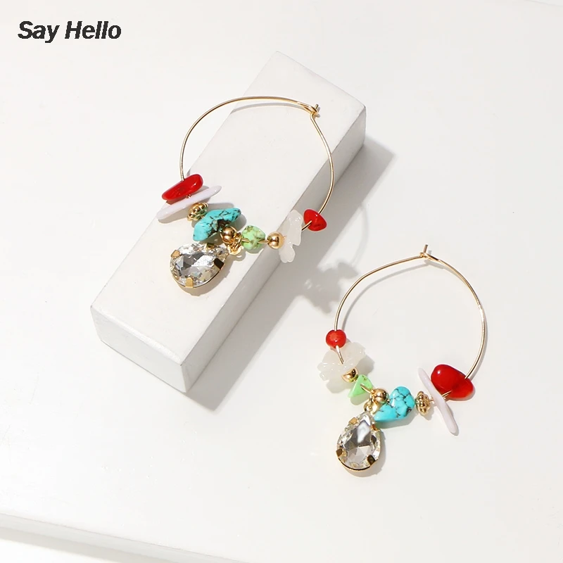 Женские асимметричные серьги кольца SAY HELLO с цветками из камня и бирюзы