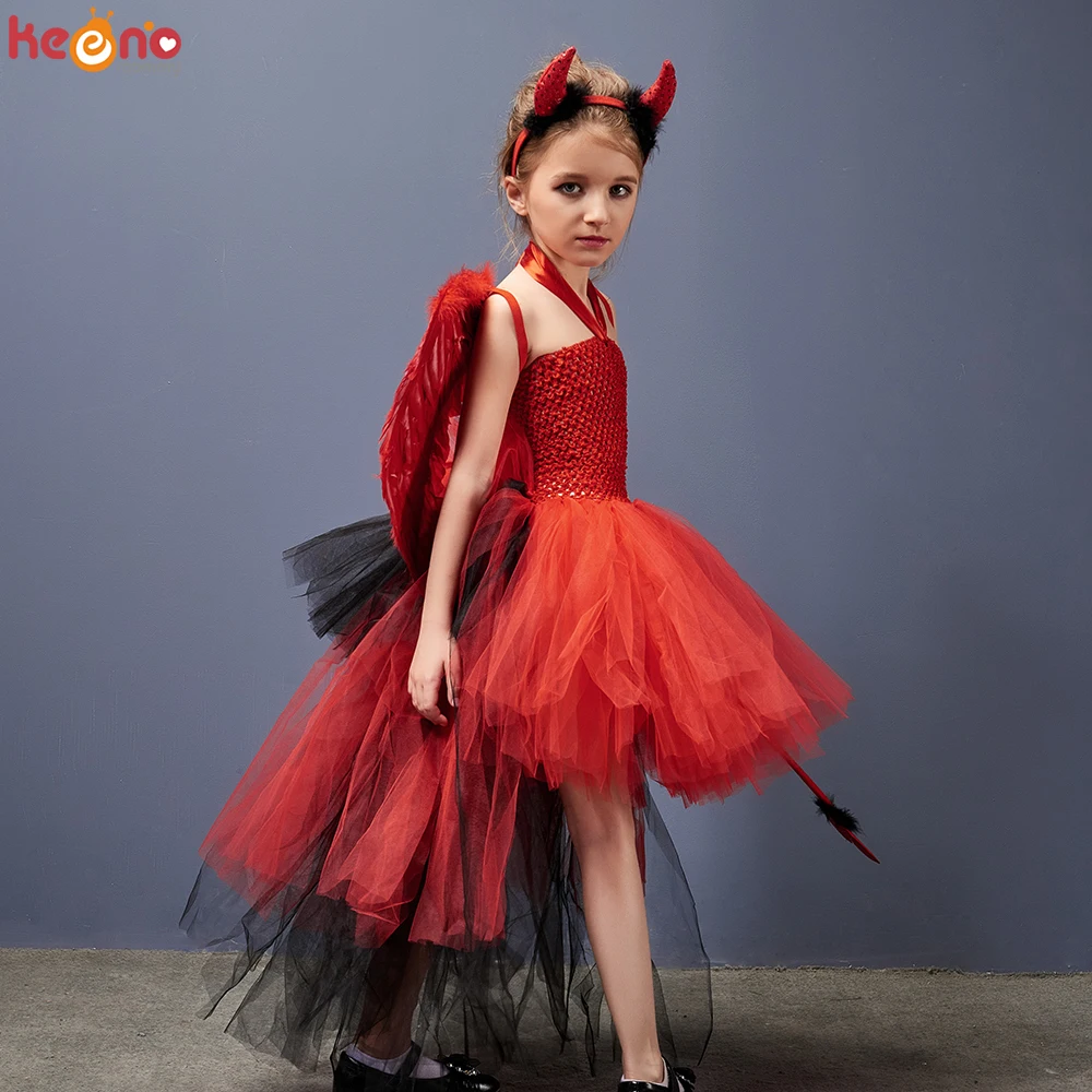 Red Black Devil Bustle Tutu Dress with Horns Wing Girls Halloween Costume Demon Spooky Carnival Purim Fancy Dress Up Clothing
