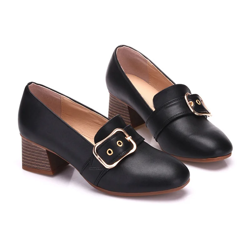 

TIMETANG2019 Loafers Genuine Leather Boat Shoes Women High Heels Lady Buckle Square Heel Fashion Shoes Slip On FootwearE1286