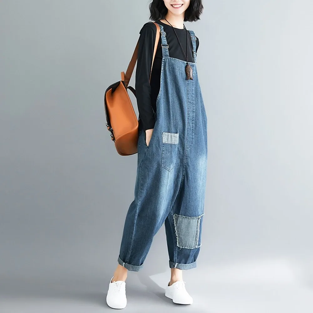 

Nowsaa Autumn Women's Loose Hanging Gear Jumpsuit Overall Denim Pocket Patch Wide-leg Pants Casual Vacation Women's Clothing