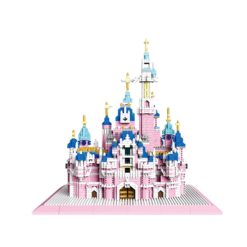 

City Building Blocks Architecture Amusement Park Pink Castle 3D Model DIY Mini Diamond Bricks Educational Toys Fors Children