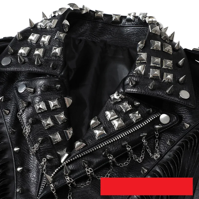 Модная шикарная Черная байкерская кожаная куртка с бахромой Женская Шипованная