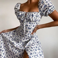 floral print summer dress 2021 women summer clothes bandage puff sleeve high split casual elegant midi sexy party dress robes