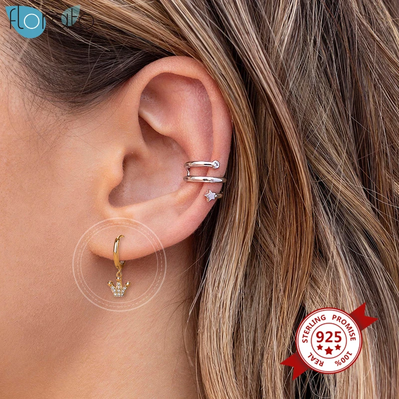 

100% Real 925 Silver Ear Buckle Crown Hoop Earrings For Women Crystal Small Circle Prevent Allergy Huggie Earrings Girls Jewelry