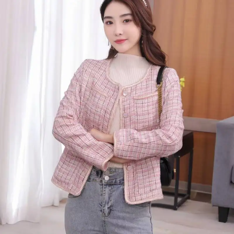 

2021 autumn winter Small Fragrant Short Coat Women Korean Plaid Tweed Jacket Ladies Blend Wool Cropped Outwear