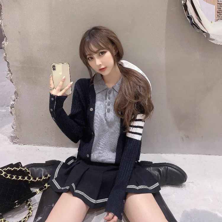 

2020 Fashion TB THOM Brand Sweaters Women Slim Pullovers Clothing Striped Wool Turn Down Collar Winter Patchwork Casual Coat