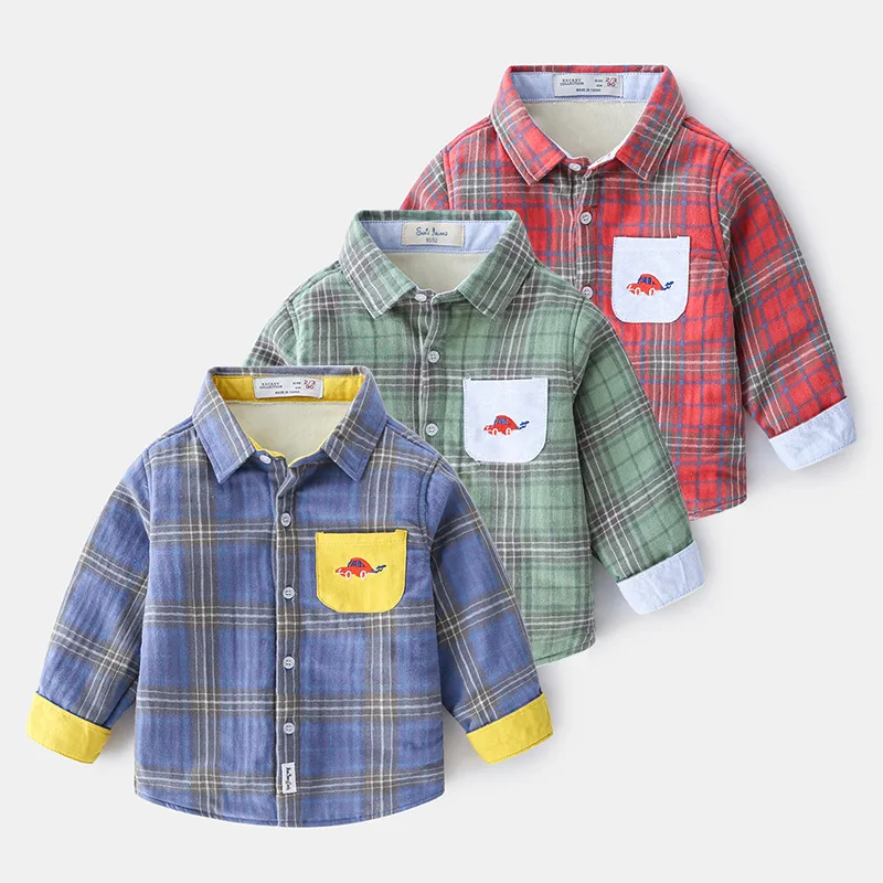 

Зимняя клетчатая рубашка для маленьких мальчиков, школьная блузка с длинным рукавом, теплая детская рубашка для малышей, блузка для мальчик...