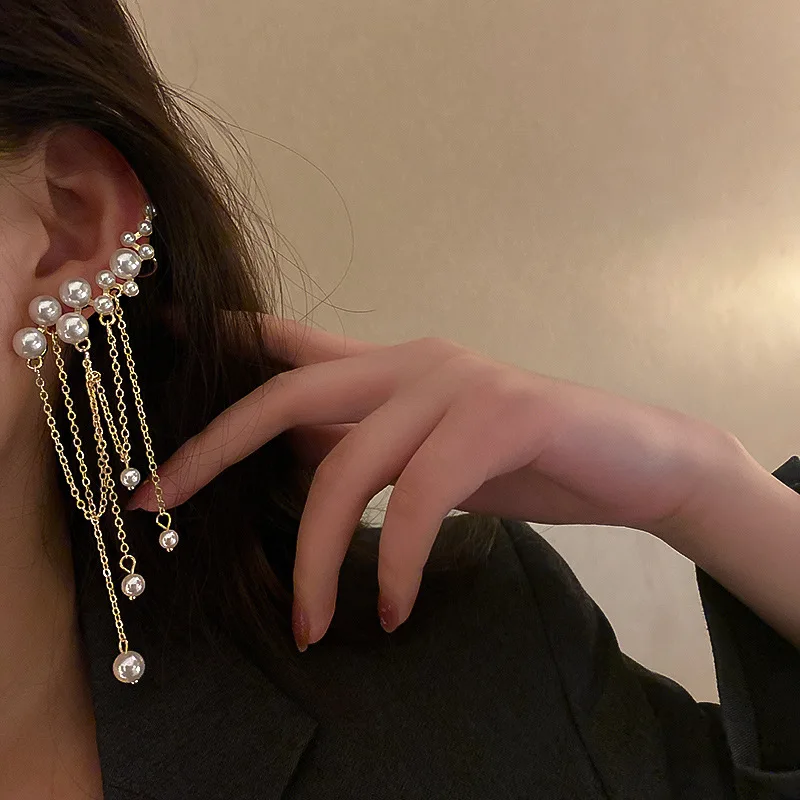 

925 Silver Needle Korea East Gate Exaggerated Pearl Tassel Asymmetric Earrings Earbone Clip In One Fashion Female