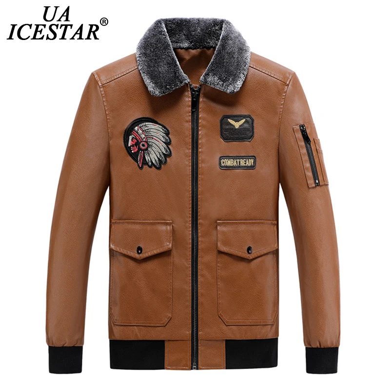 UAICESTAR На зимнем меху воротник кожаная куртка для мужчин из флиса теплое кожаное