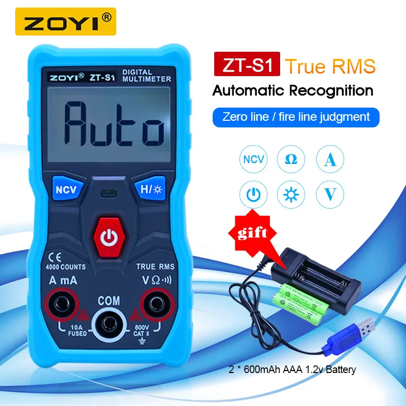 ZOYI ZT-S1 цифровой вольтметр Амперметр мультиметр True rms automotriz Mmultimetro ohmmet с держателем данных фонарик+ комплект батарей