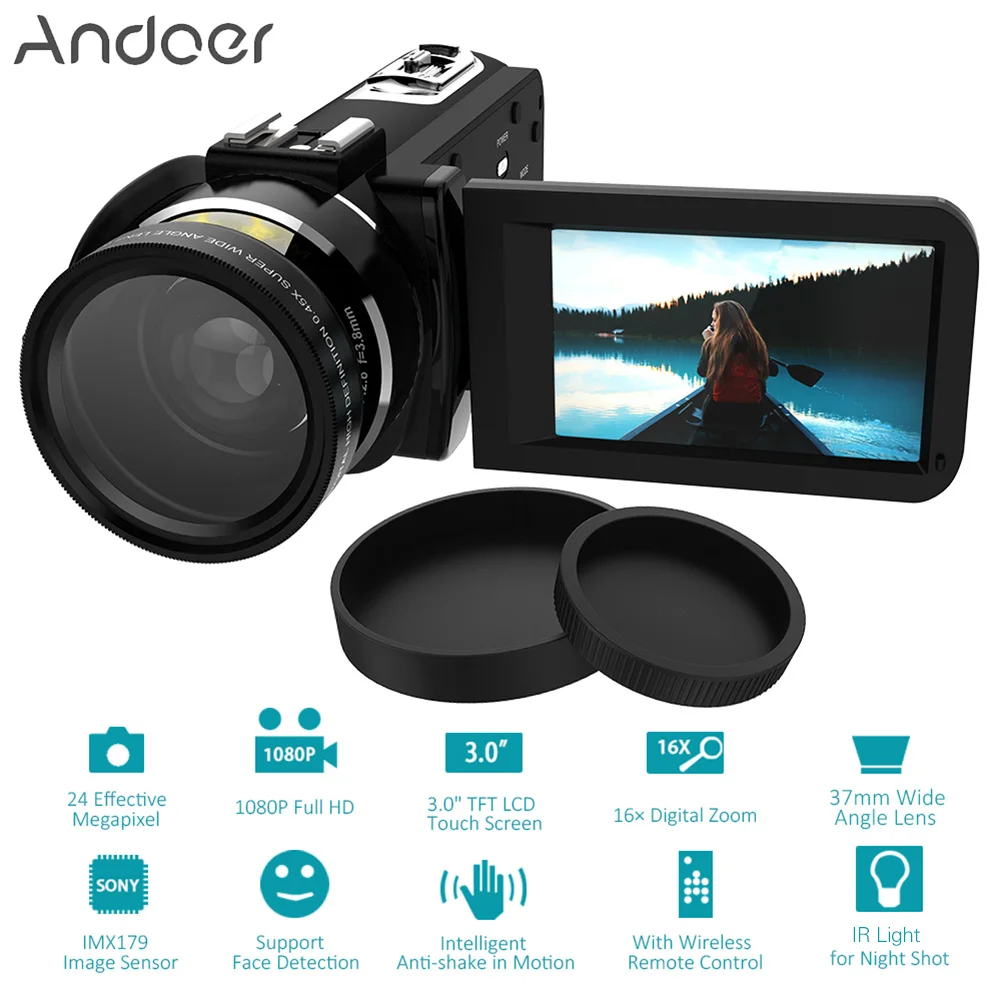Andoer HDV-Z20, WiFi, портативная цифровая видеокамера с разрешением 1080 P, Full HD, макс. 24 мегапикселя, 16 × цифровой зум, поворотный сенсорный экран ips