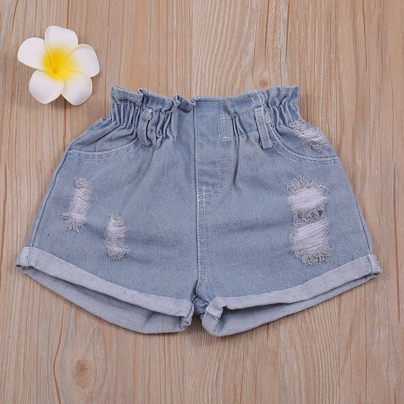 Summer Thin Suit Flower Decoration Sling Top+Denim Shorts 2Pcs Clothing Sets Children's Clothing Girl Clothing